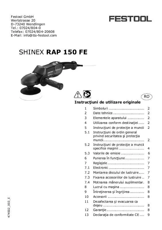 Mode d'emploi FESTOOL SHINEX RAP 150 FE