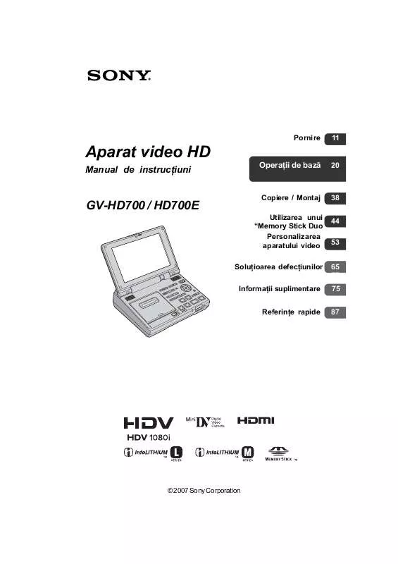 Mode d'emploi SONY GV-HD700