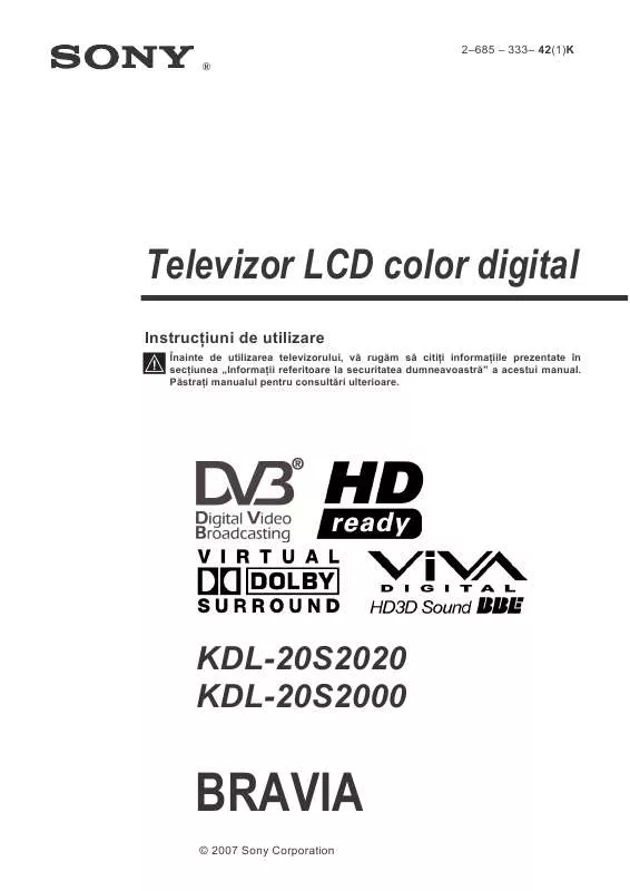 Mode d'emploi SONY KDL-20S2000