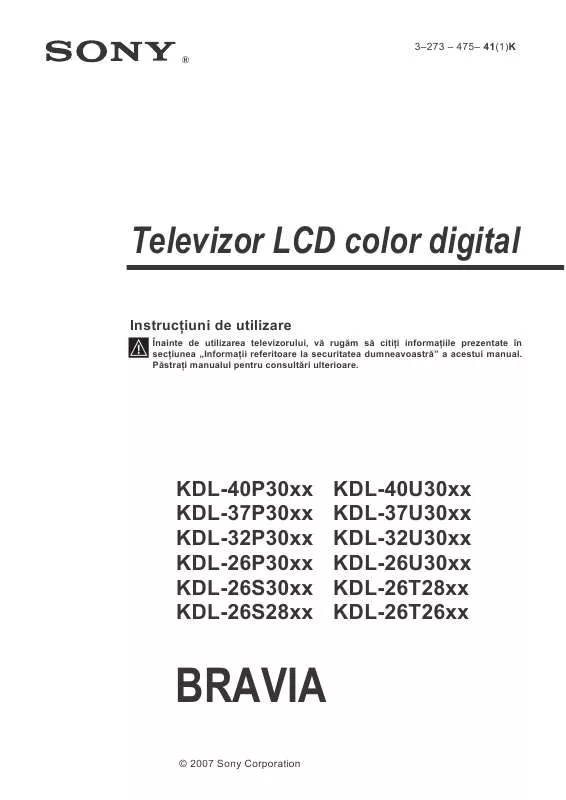 Mode d'emploi SONY KDL-26T2800