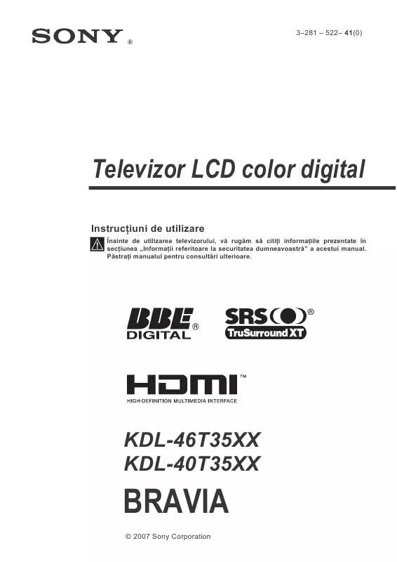 Mode d'emploi SONY KDL-46T3500