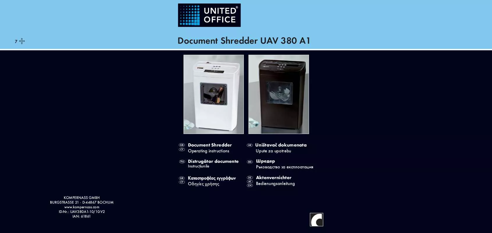 Mode d'emploi UNITED OFFICE UAV 380 A1 CROSS CUT SHREDDER