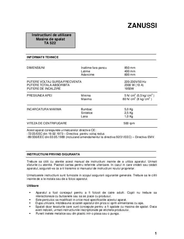 Mode d'emploi ZANUSSI TA522