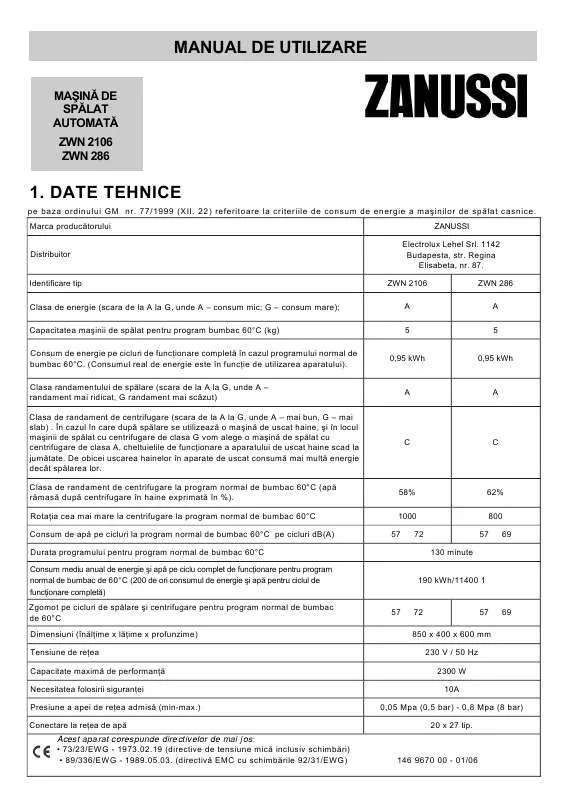 Mode d'emploi ZANUSSI ZWN2106